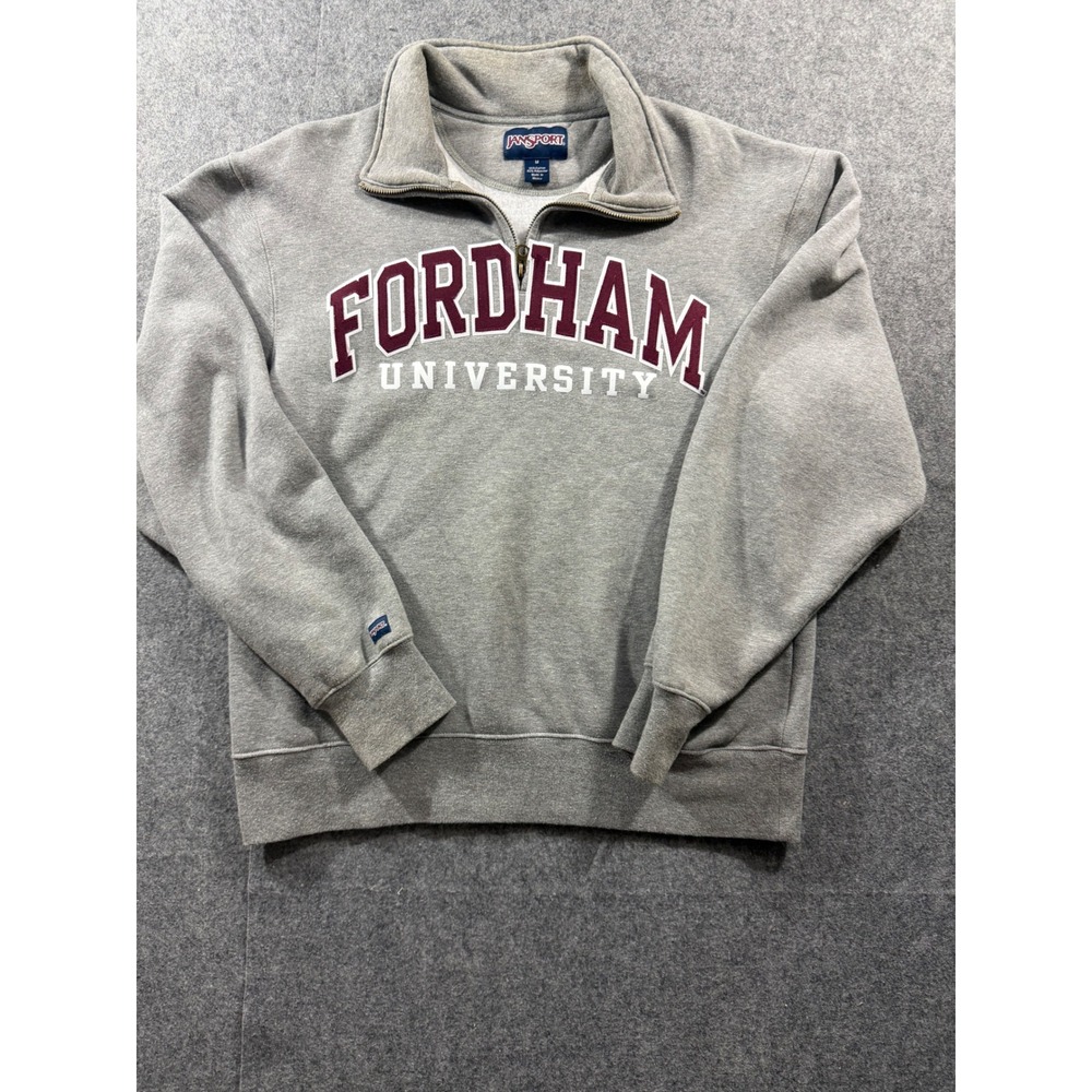 JanSport Fordham University 1/4 Zip Sweatshirt Gray Medium Pullover Vintage